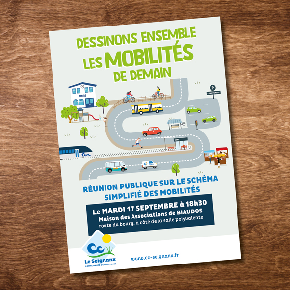 Illustration affiche pour la réunion publique sur les mobilités pour la communauté de communes du seignanx dans les Landes