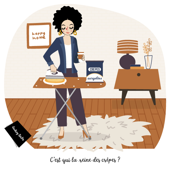 Une nana debout est en train de repasser au fer à repasser des crêpes surgelées pour les réchauffer et dit 