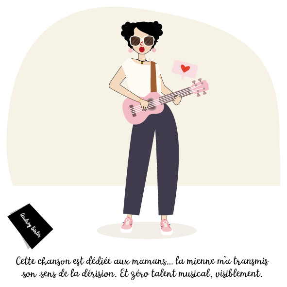 Une nana est debout avec un ukulele dans les mains, elle dit 