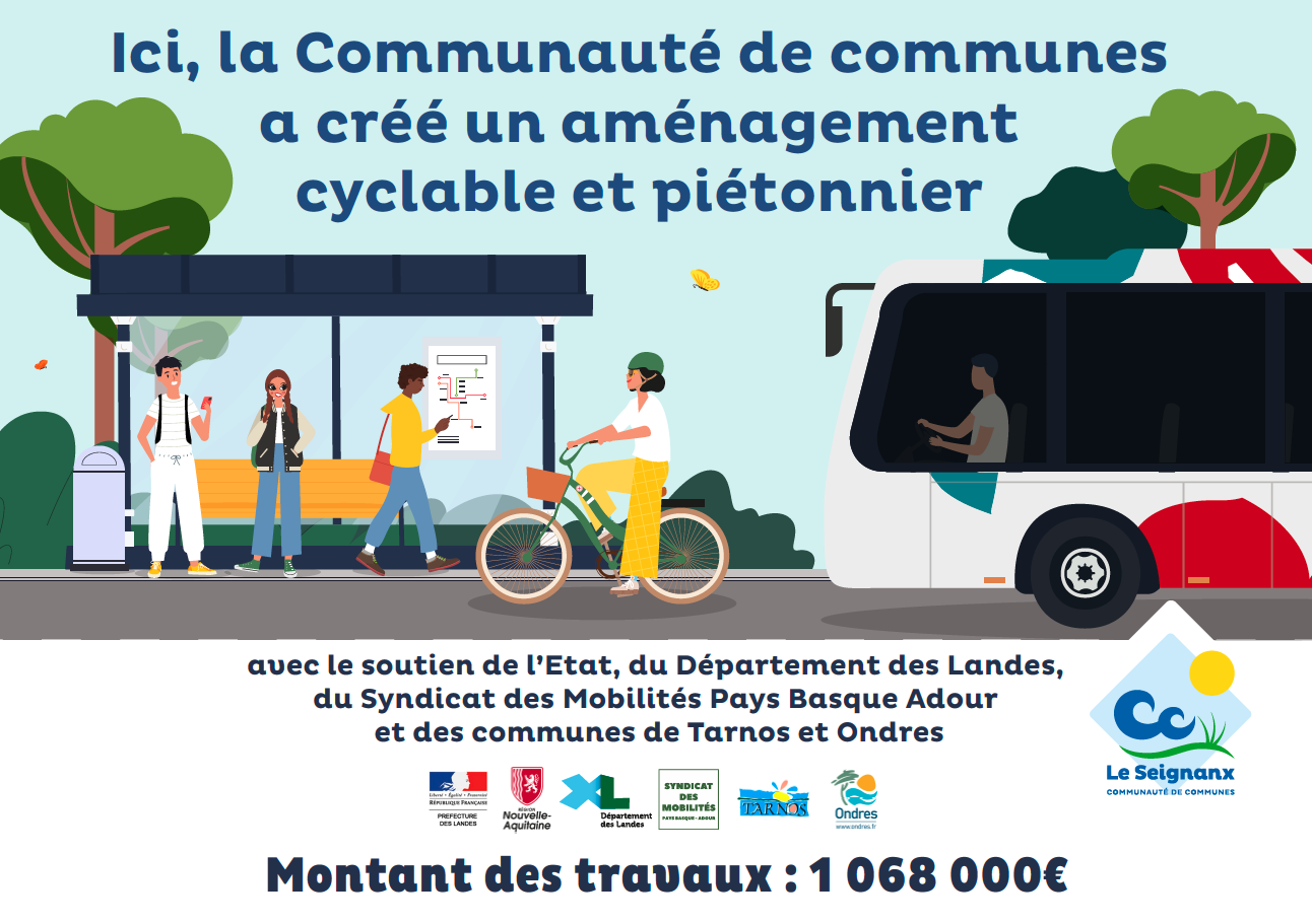 Panneau illustré d’aménagement cyclable et piéton dans le Seignanx