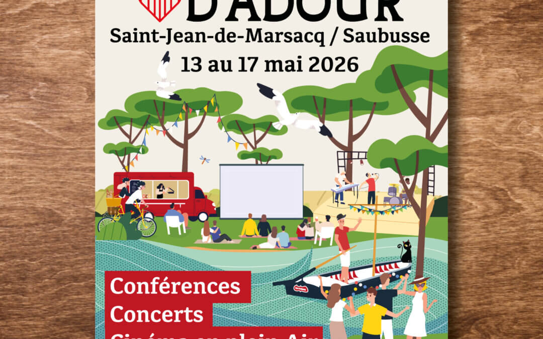 Affiche Histoires d’Adour 2026 : illustration pour un festival culturel à Saint-Jean-de-Marsacq et Saubusse